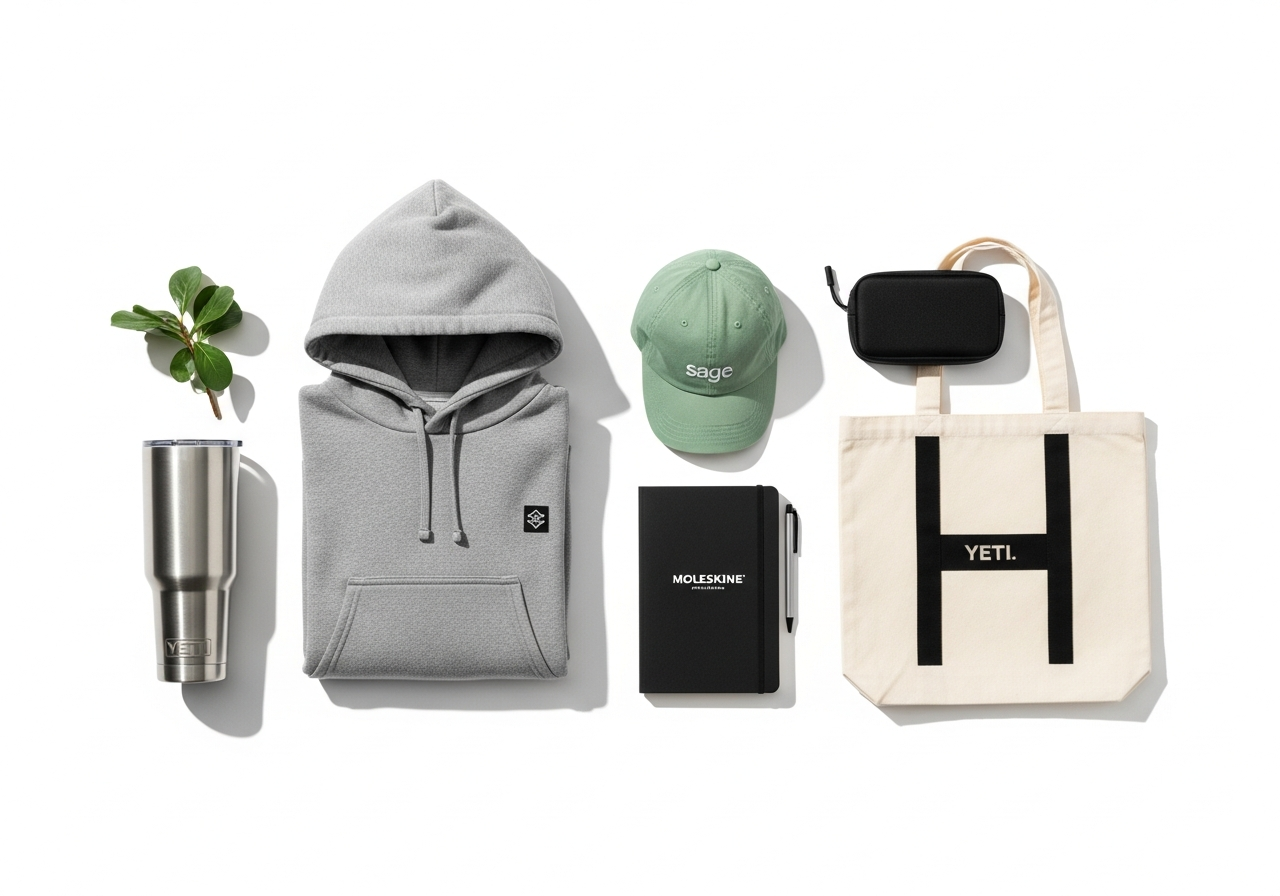 Curated branded swag kit, tumbler, hoodie, notebook, cap, tote, tech