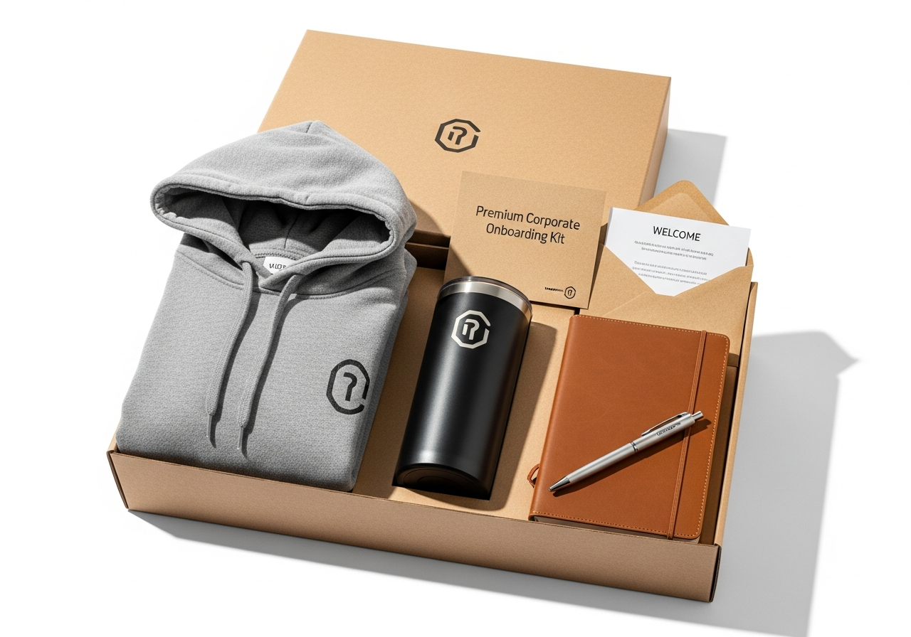 Premium employee onboarding kit unboxing with branded apparel and drinkware